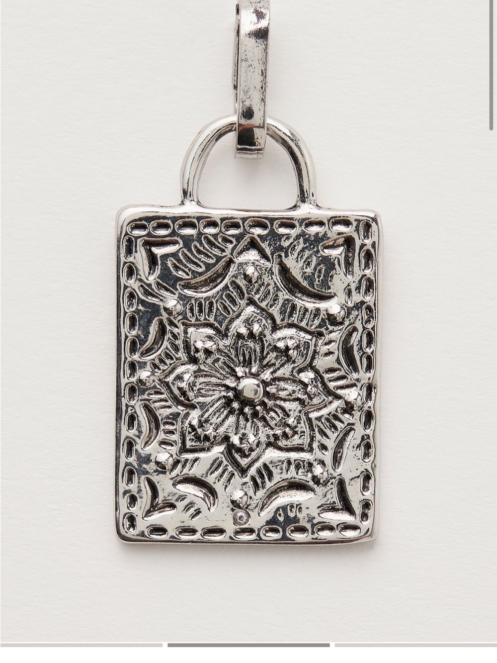 Free People Silver Floral Engraved Rectangular plaque Charm- NWT